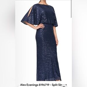 Alex Evenings Navy Sequin Cape-Overlay Maxi Gown-New-Size 6